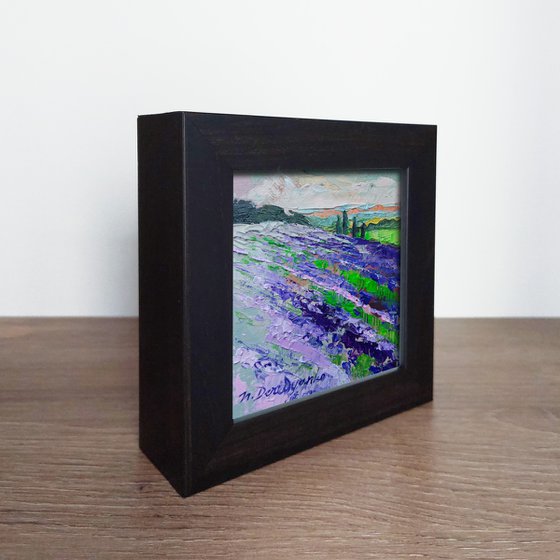 Yorkshire Lavender flowers field painting original, Purple Landscape oil painting art miniatures in frame, Mini painting guest gift