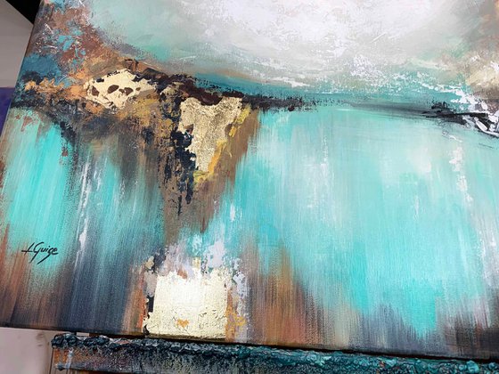 Awake my Soul - Teal Abstract Painting 32" Large Canvas, Gold Leaf, Minimalist Painting, Blue Green Aqua Abstract Painting