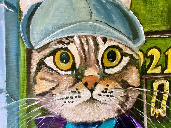 Troy The  Cat- Sherlock Holmes  Baker  Street 221 B   oil painting for cat lovers.