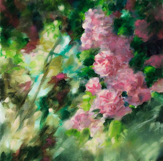 In the garden greenhouse - floral abstract oil painting