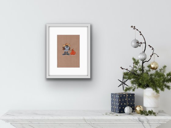 Bird portrait of a sparrow in  a winter Russian hat and felt boots - Gift idea for bird lover