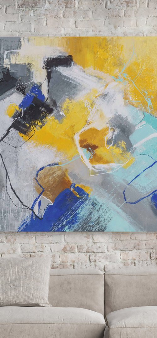 "Warm and cold" Abstrac yellow blue teal art by Nina