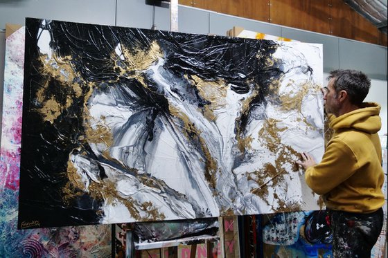 Bullion 200cm x 120cm Black White Gold Textured Abstract Art