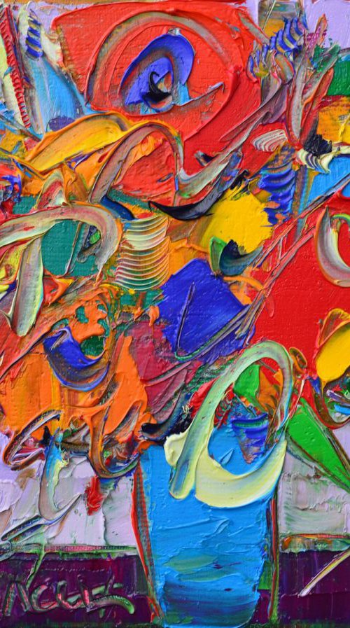 COLOURFUL FLORAL THOUGHTS - abstract flowers modern impressionist floral miniature original impasto palette knife oil painting by ANA MARIA EDULESCU