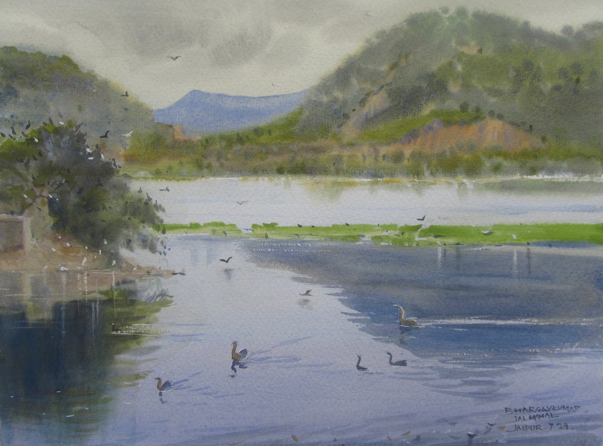 Impressionistic Landscape Watercolour By Bhargavkumar Kulkarni, 14 X 10, Jaipur Lake, Rajasthan, Original Artwork