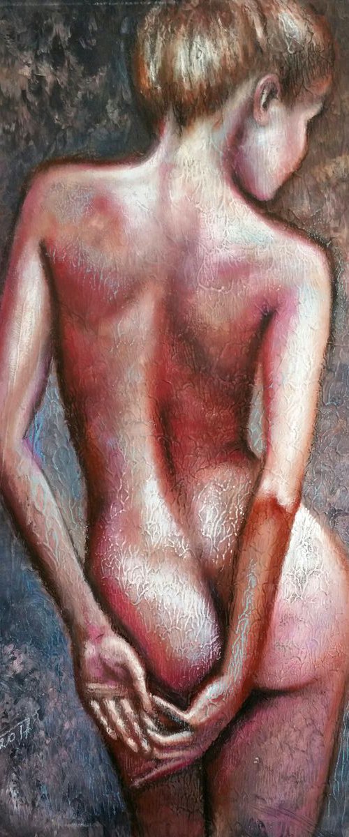 "You make me shy" Original oil and acrylic painting on fabric 50x75x2cm.ready to hang by Elena Kraft