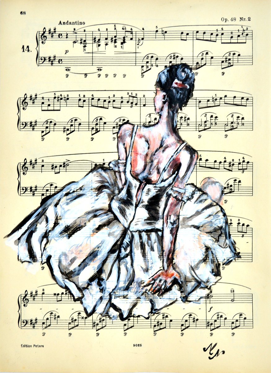 Expressive Portrait Collage By Misty Lady - M. Nierobisz, 8 X 12", Ballerina Xvi- Music Page, Original Artwork