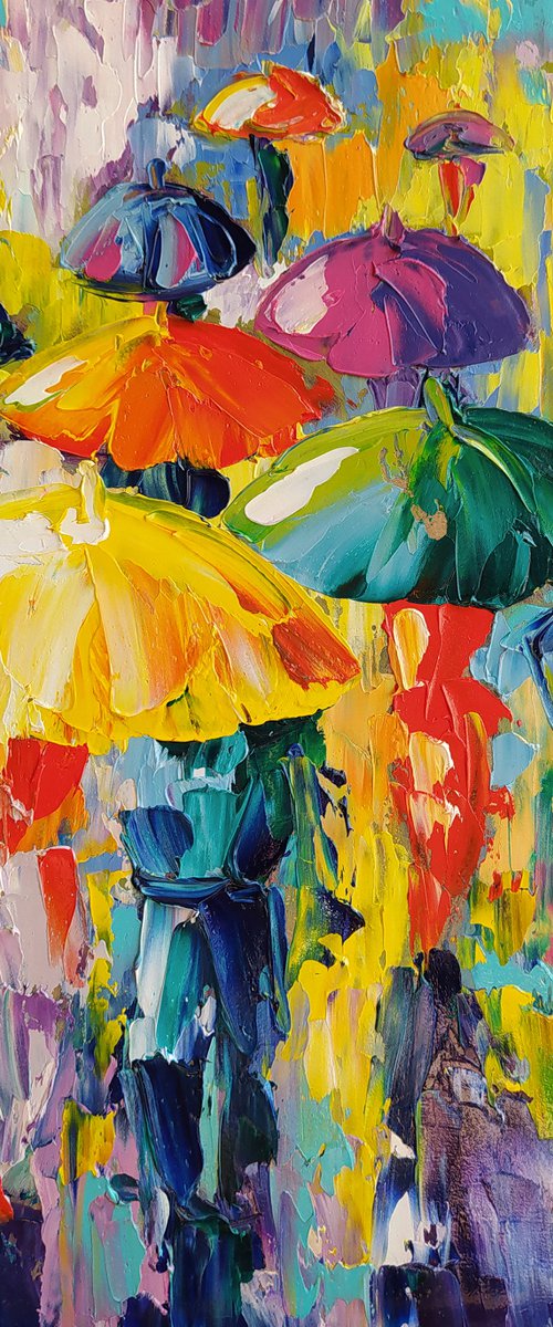 In the rain - umbrella oil painting, colored umbrellas, umbrella art, people in the rain, oil painting, people art, rain, umbrella, impressionism,palette knife, gift by Anastasia Kozorez