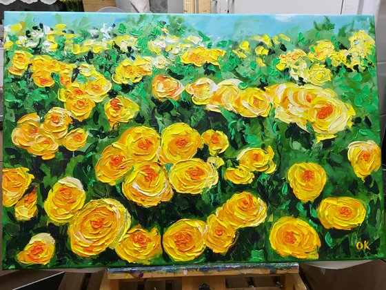 FIELD OF YELLOW, ORANGE, WHITE  ROSES  palette knife modern decor MEADOW OF FlOWERS, LANDSCAPE,  office home decor gift