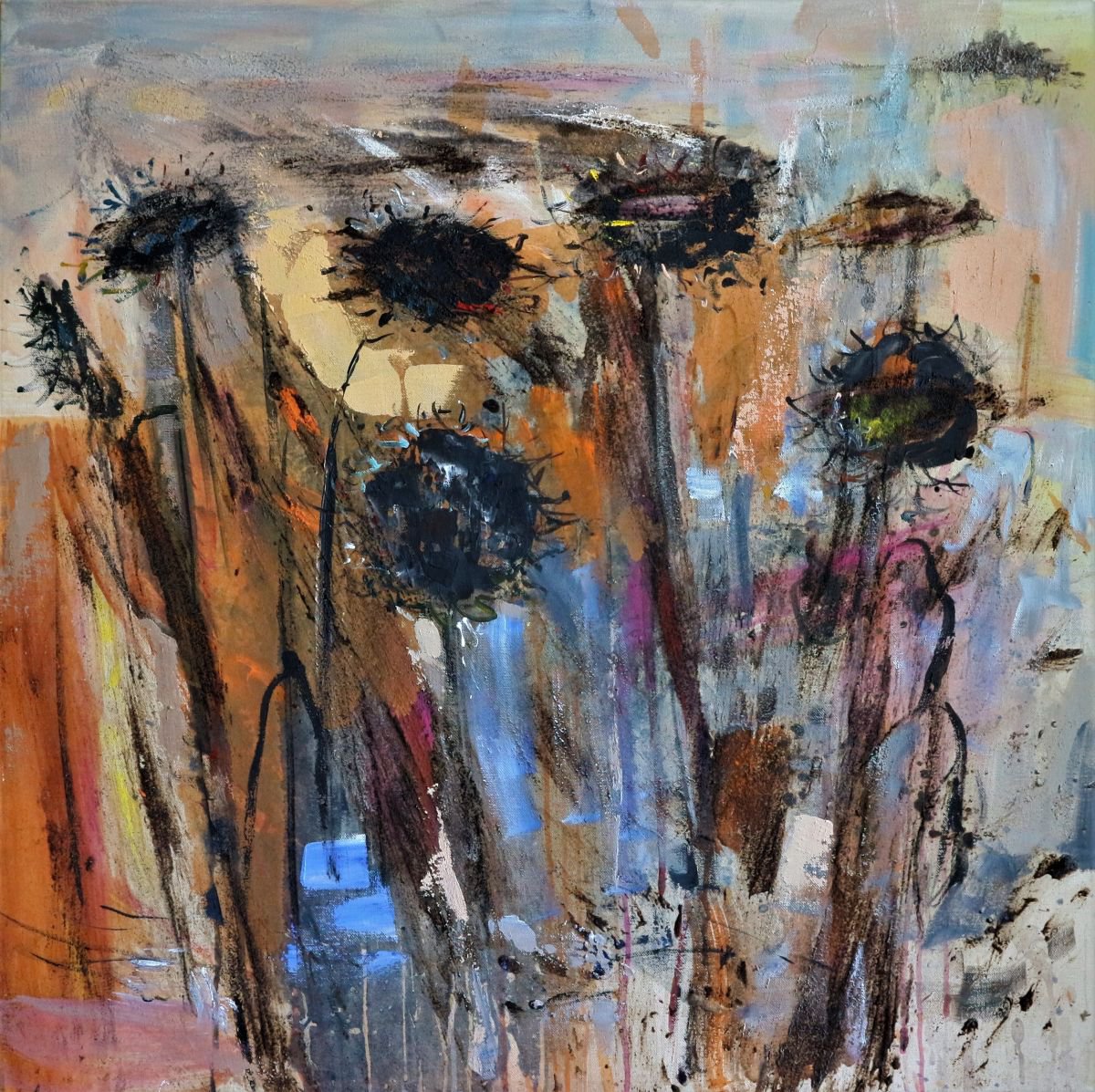 Expressive Botanical Painting By Florina Breazu, 31 X 31, The One That Was Once The Sunflower, Original Artwork