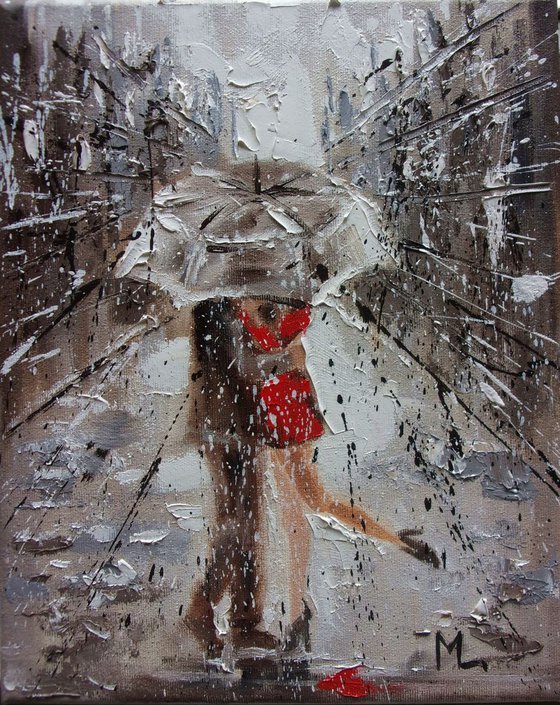 " VALENTINES DAY " original painting CITY palette knife SPRING RAIN