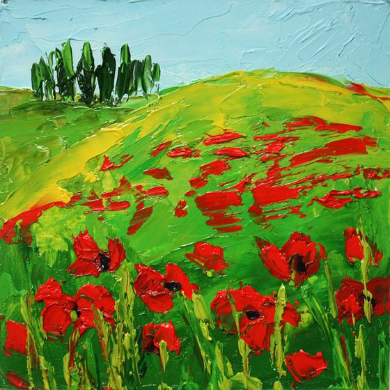 Poppy fields... 4x4" / FROM MY A SERIES OF MINI WORKS LANDSCAPE / ORIGINAL OIL PAINTING