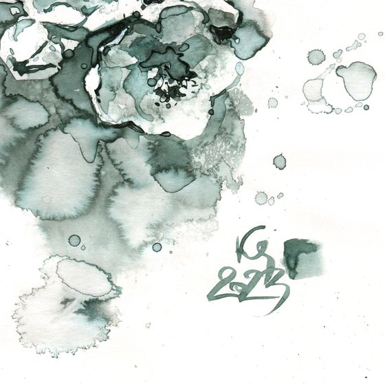 "Spring Blossom" abstract composition in ink monochrome gray-blue-green tones