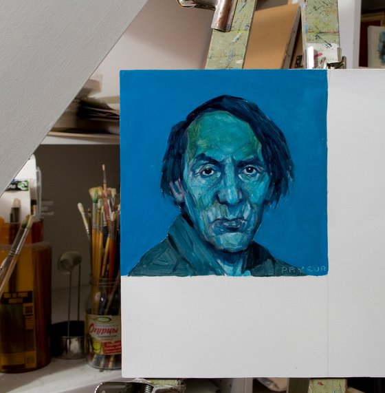 portrait of a french writer in blue: Michel Houellebecq