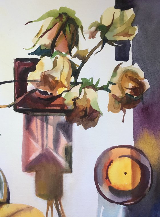 Still life with roses. Bottles and yellow quince.