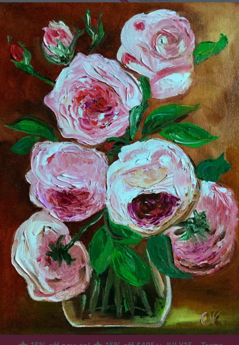 Impressionistic Botanical Oil Painting By Olga Koval, 12 X 16", Bouquet Of Coral Roses, Original Artwork