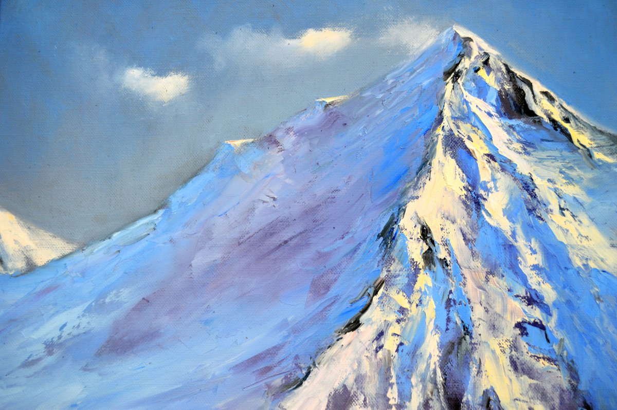 Expressive Landscape Oil Painting By Elena Lukina, 20 X 26, Snow Peaks, Original Artwork