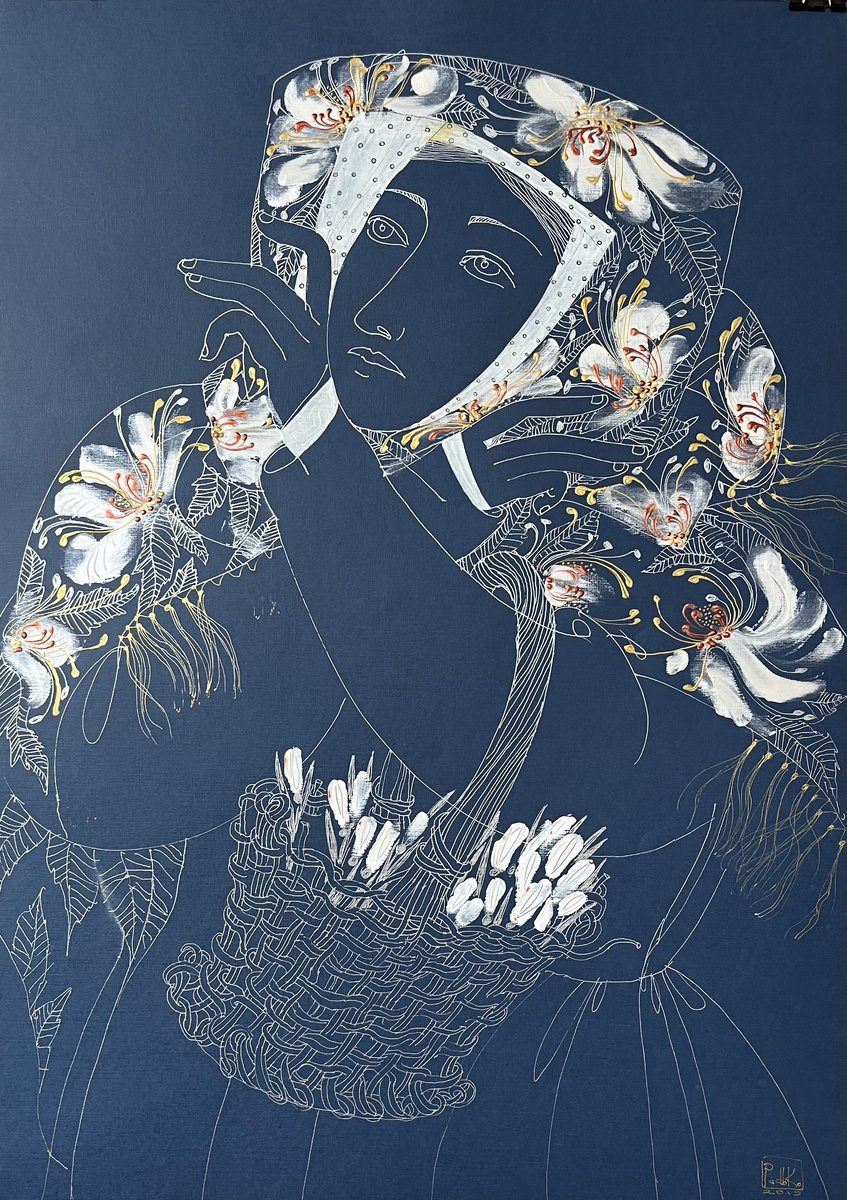 Portrait Ink Drawing By Liudmyla Korzh-Radko, 20 X 28", Composition On Blue 3, Original Artwork