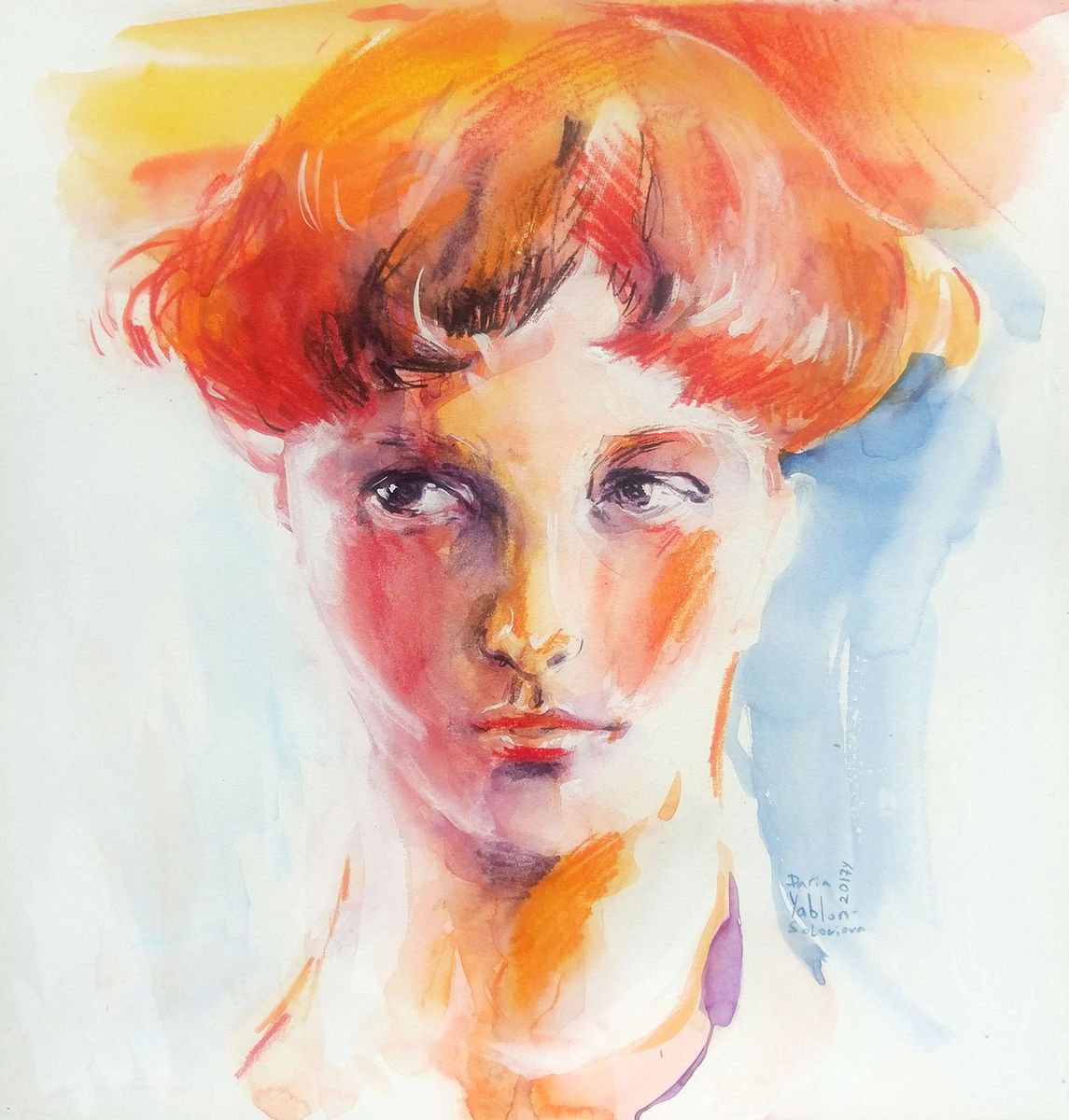 Impressionistic Portrait Watercolour By Daria Yablon-Soloviova, 11 X 11, Ginger Intelligence, Original Artwork