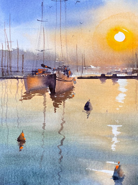 Sunset at Marina - original seascape watercolor