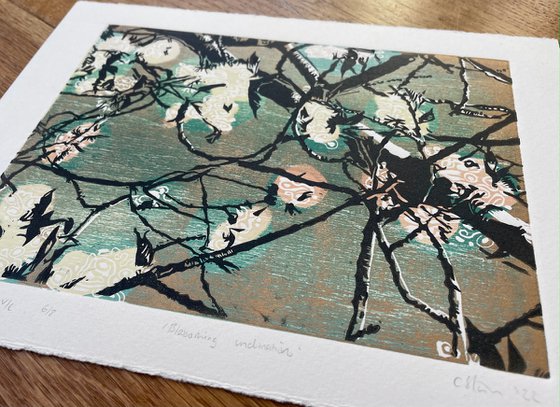 Blossoming Inclinations - Spring Blossom Contemporary Linocut Print