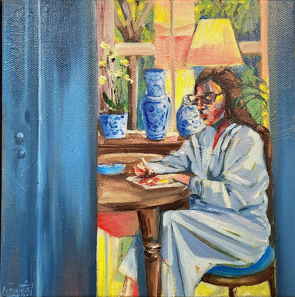 Expressive Portrait Acrylic Painting By Anahita Amouzegar, 9 X 9, A Trip Down Memory Lane, Original Artwork