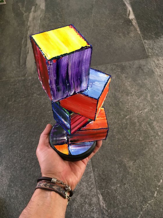 "Blocked Up" - Original PMS Painted Geometrical Wooden Sculpture - 4 x 11 x 4 inches