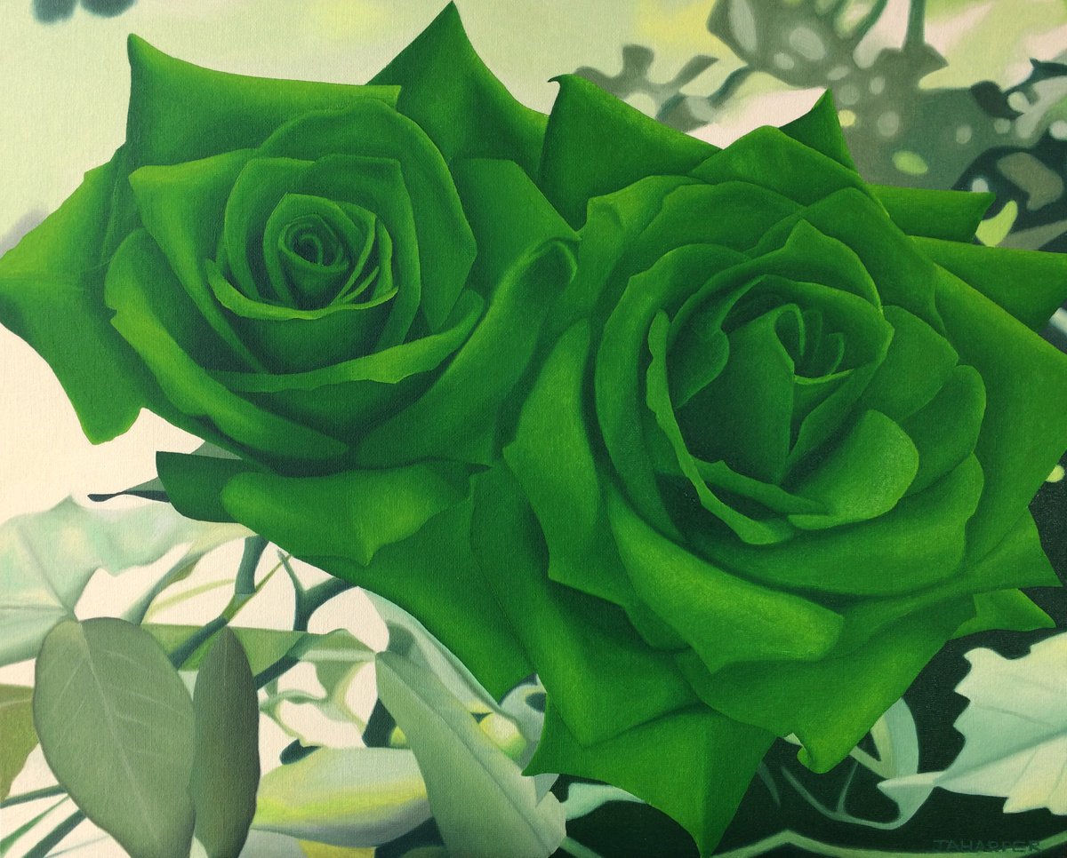 Photorealistic Botanical Oil Painting By Jill Ann Harper, 22 X 18, Green Roses, Original Artwork