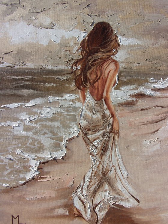 " SEASAIDE GIRL " SUN SKY SEA SAND liGHt  ORIGINAL OIL PAINTING, GIFT, PALETTE KNIFE