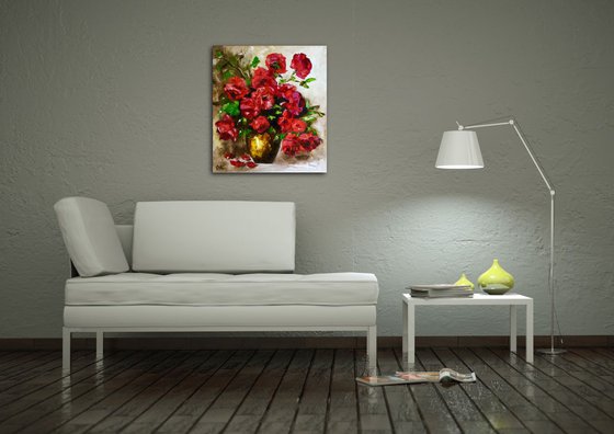 BOUQUET OF RED ROSES  palette knife still life  flowers Dutch style  office home decor gift