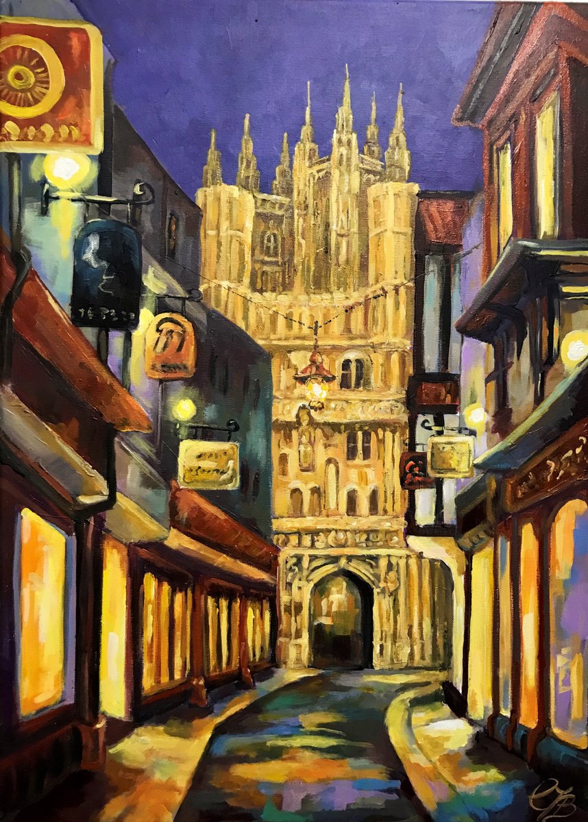 Impressionistic Cityscapes Acrylic Painting By Colette Baumback, 20 X 28, Canterbury At Night, Original Artwork