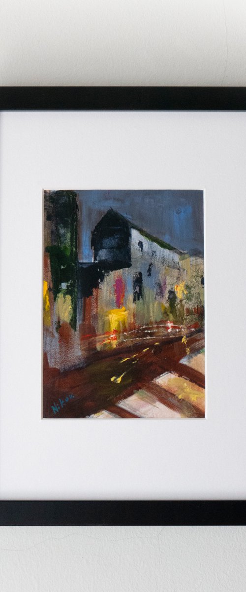 Midnight Crosswalk / 23x32cm [Framed] - Acrylic Painting by Georgi Nikov