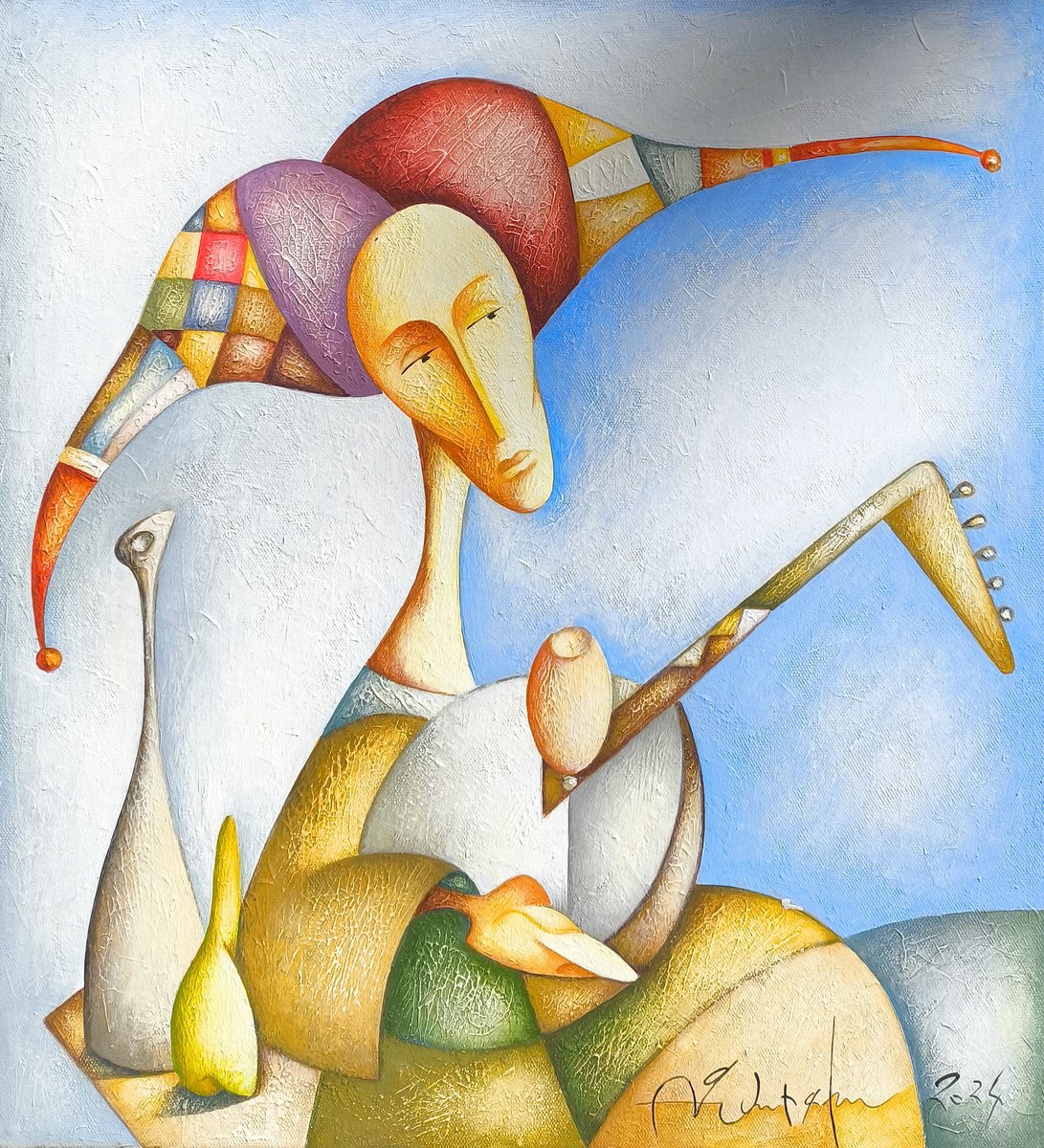 Naive Portrait Oil Painting By Sargis Zakarian, 24 X 24", Harlequin