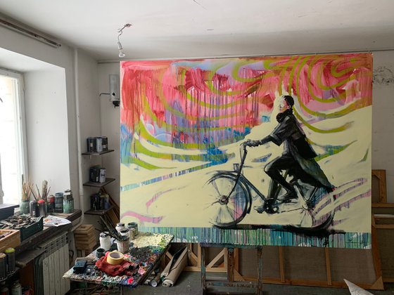 XXXL Big painting - "Summer wind" - Bike - Cyclist - Amsterdam - Huge painting