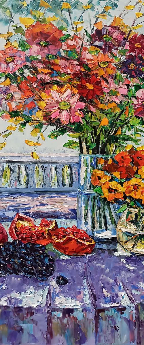 Still life with flowers and fruits (100x80cm, oil painting, palette knife) by Andranik Harutyunyan