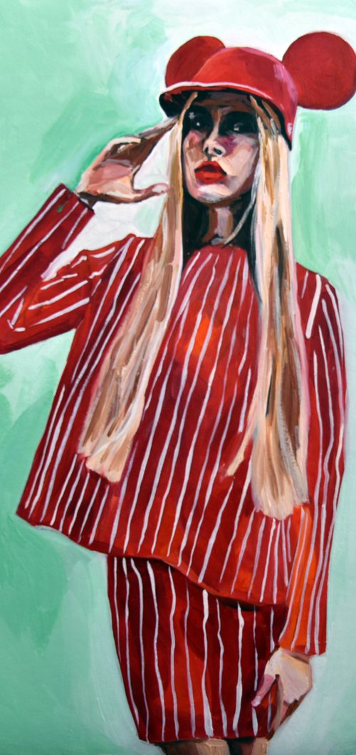 YES SIR, I CAN BOOGIE - oil painting on board, girl, red, green, popart, feminizm, office decor, print on canvas, best gift idea by Sasha Robinson