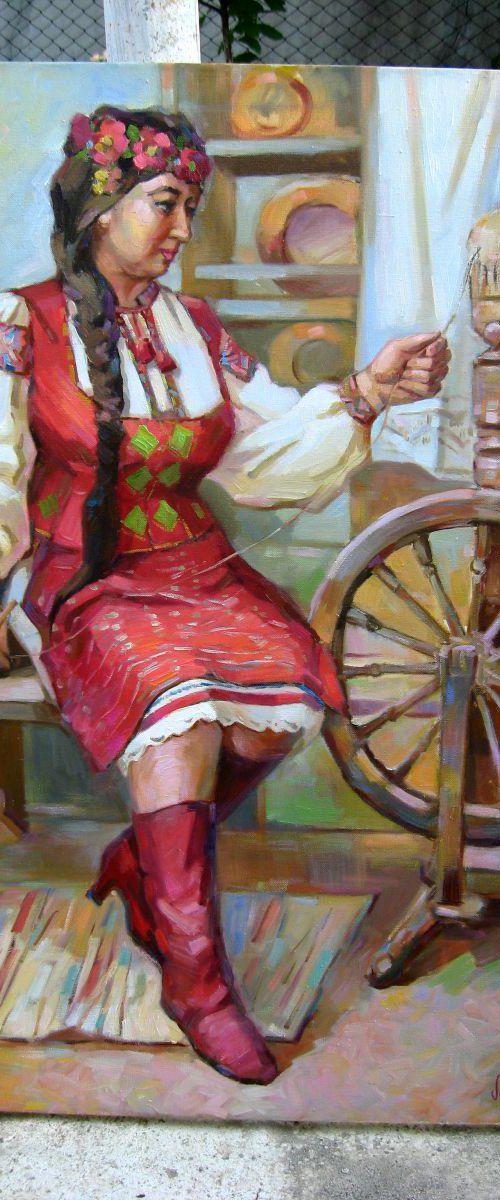 The girl at the spinning wheel. Portrait Ukrainka by Vladimir Lutsevich