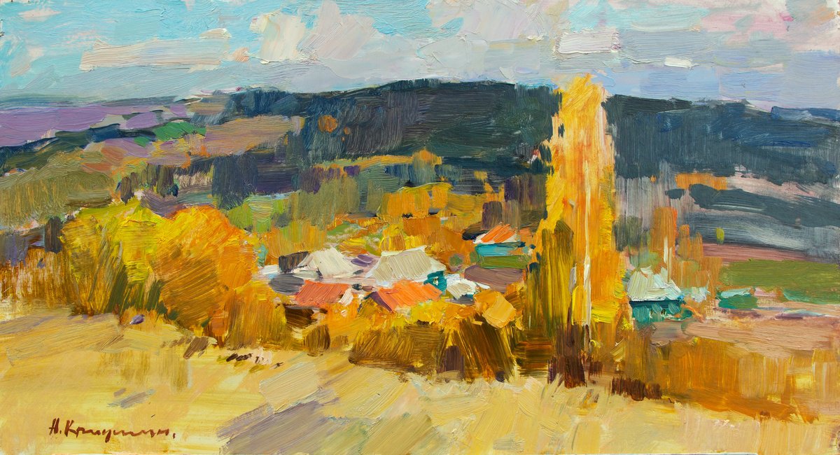 Impressionistic Landscape Oil Painting By Aleksandr Kryushyn, 22 X 12, October In Putivl, Original Artwork