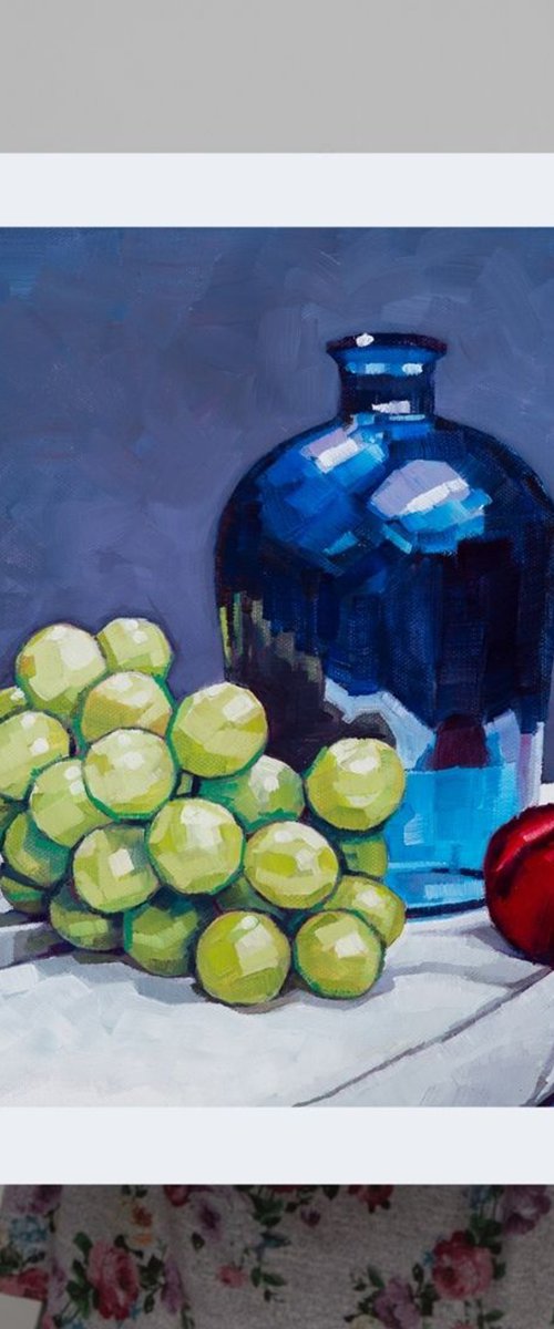Grapes, Blue Vase + Plum Print by Harriet  Hue
