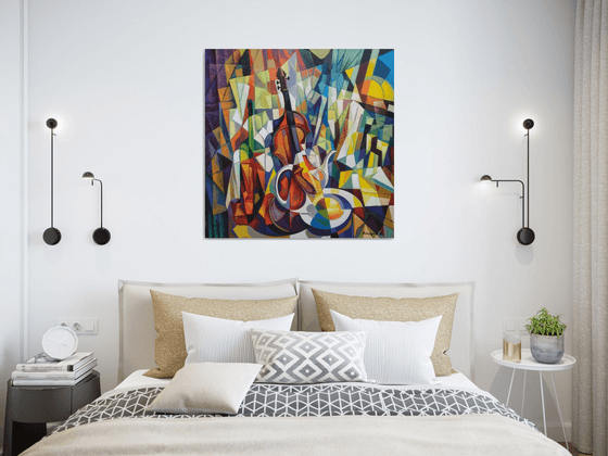still life with violin (80x80cm, cubism, oil painting, ready to hang)