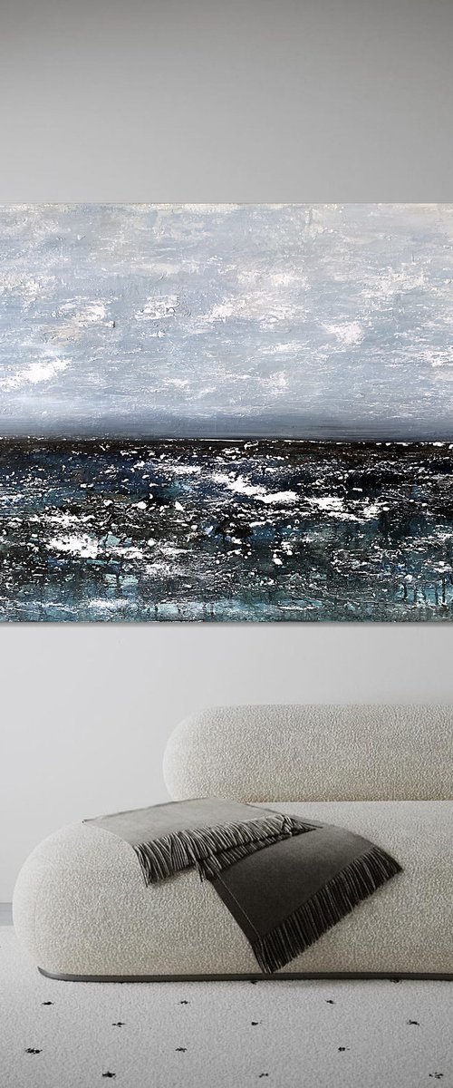 Textured Navy BLUE LANDSCAPE GRAY WHITE indigo ABSTRACT ART. by Marina Skromova