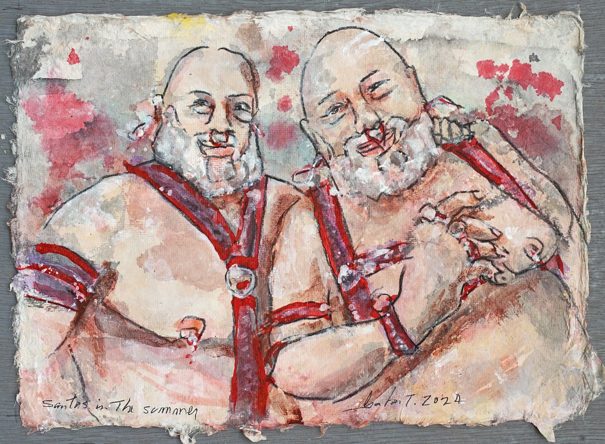 Expressive Portrait Acrylic Painting By Gordon T., 14 X 10, Santas In The Summer, Original Artwork