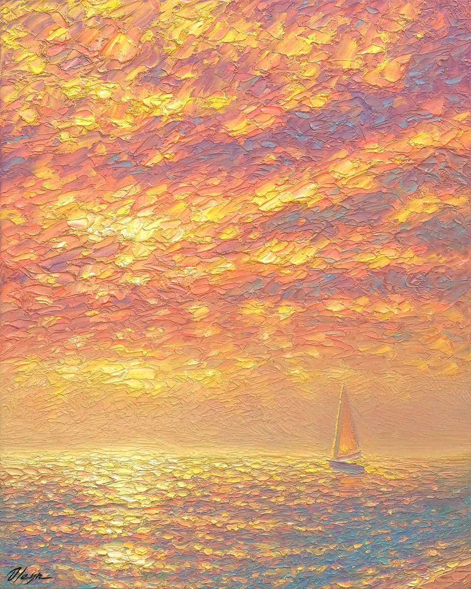 Impressionistic Landscape Oil Painting By Dmitry Oleyn, 16 X 20, Golden Evening, Original Artwork