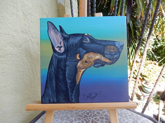 Doberman Pinscher Pet Dog Original Art Painting-8 x 8 Inches Stretched Canvas-Carla Smale