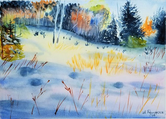 Winter Landscape #2. Original Watercolor Painting on Cold Press Paper 300 g/m or 140 lb/m. Landscape Painting. Wall Art. 11" x 15". 27.9 x 38.1 cm. Unframed and unmatted.