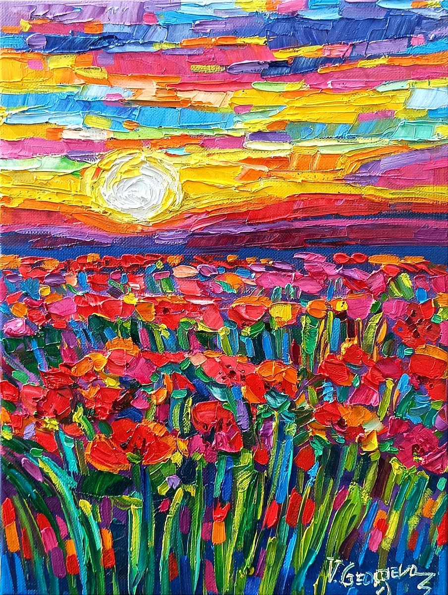 Expressive Landscape Oil Painting By Vanya Georgieva, 12 X 16", Poppies And The Sun, Original Artwork