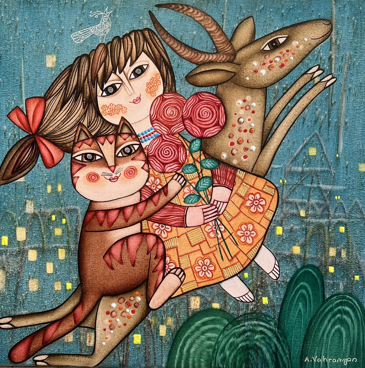 Naive Oil Painting , A Little Girl