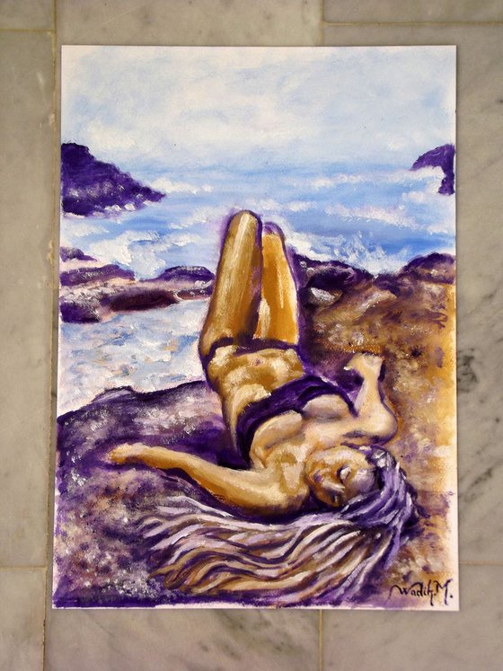 SEASIDE GIRL - SLEEPING AT THE SEASIDE - Oil painting (30x42cm)