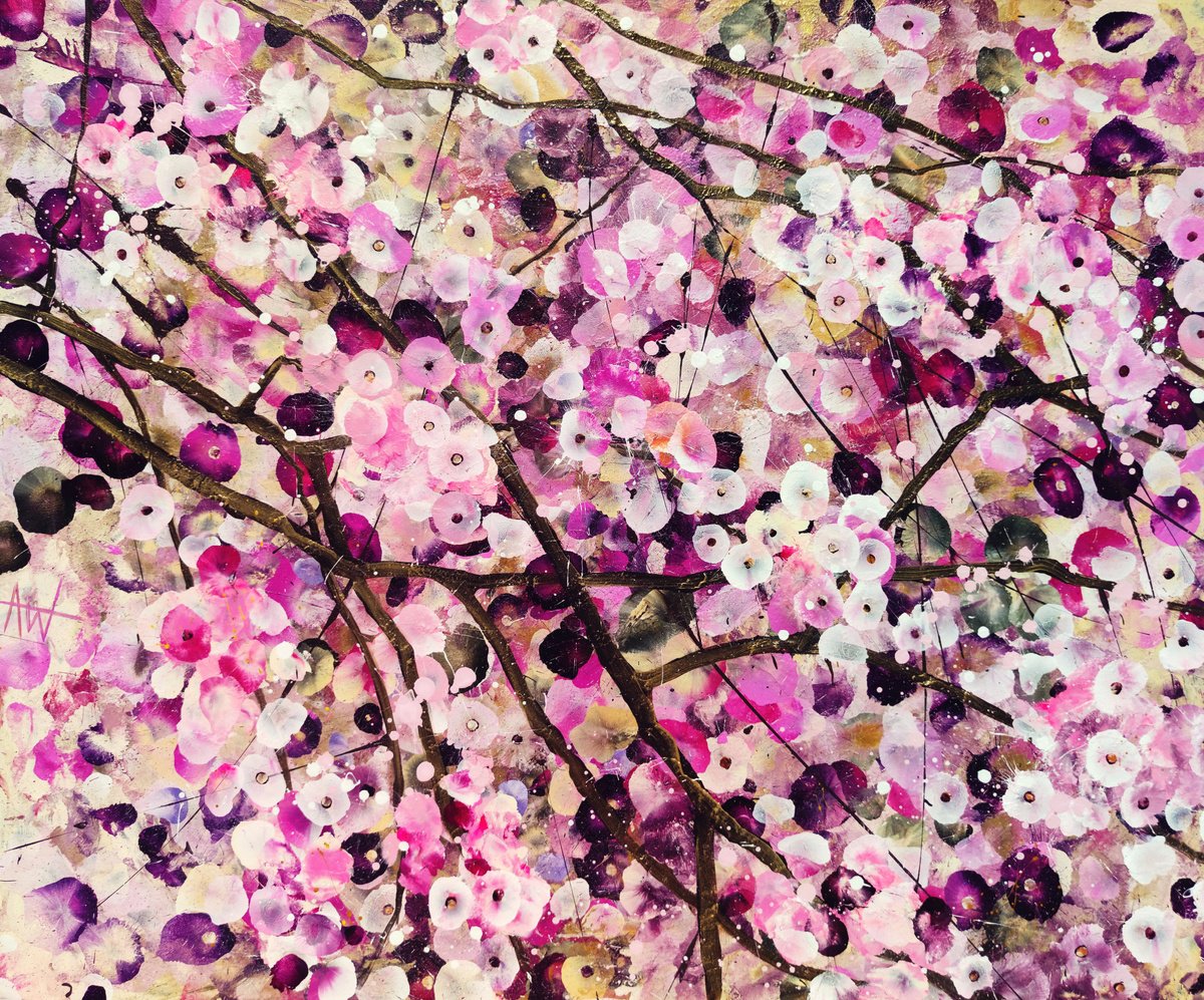 Expressive Botanical Acrylic Painting By Angie Wright, 47 X 39, Cherry Blossom Serenade, Original Artwork