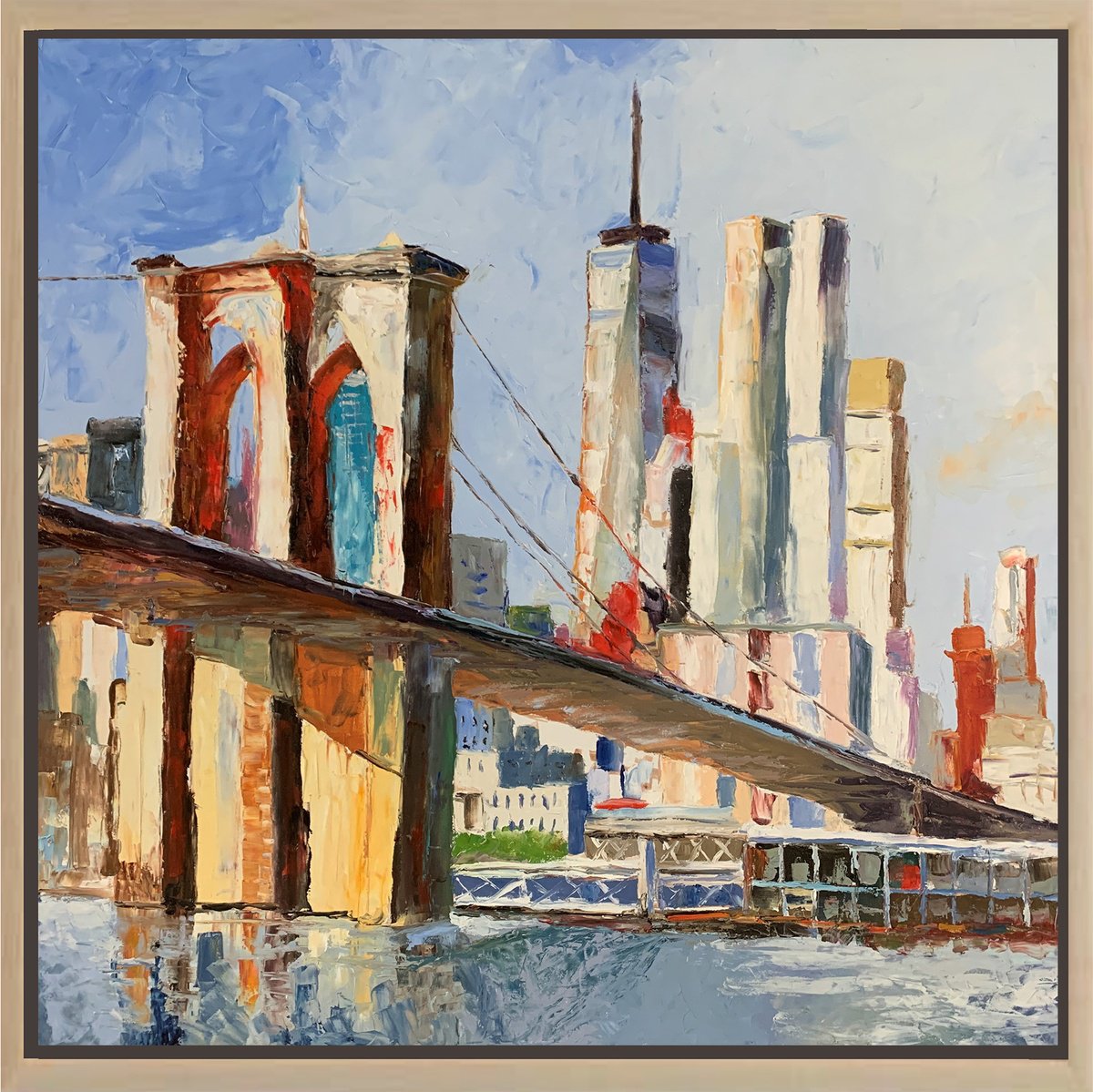 Impressionistic Cityscapes Oil Painting By Vita Schagen, 41 X 41", New York. Brooklyn Bridge., Original Artwork